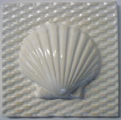 scallop tile, hand made tile, scallop tile on basket weave background, scallop ceramic tile, Nantucket scallop ceramic tile on woven background