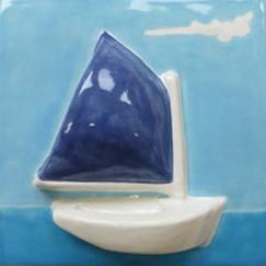 Nantucket catboat tile, ceramic catboat, ceramic catboat tile, hand made tile rainbow fleet tile