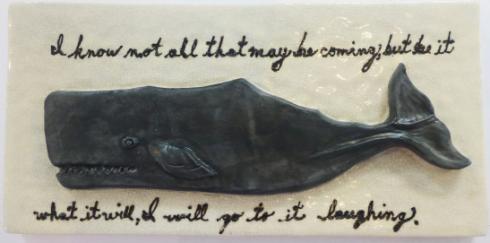 bas relief tile, made on Nantucket, Nantucket right whale tile, ceramic whale tile with text, whaling tile with text