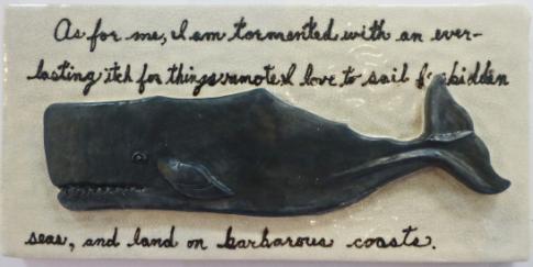 bas-relief whale, whale with text, whale with story, Right whale tile, right whale tile with text.