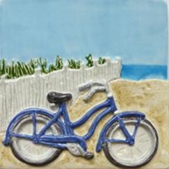 hand made tile, Nantucket scene tile, island icon, bicycle on the beach, Nantucket beach with bicycle
